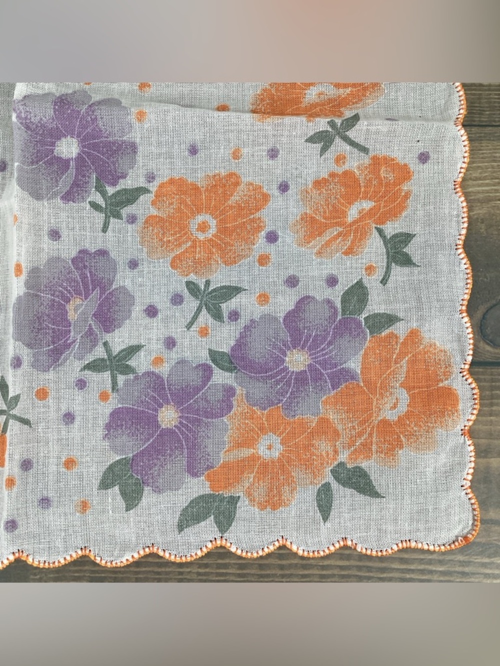 5 Vintage Lady’s Handkerchief Hankies Orange & Purples, White, Floral, Oriental - Picture 3 of 16